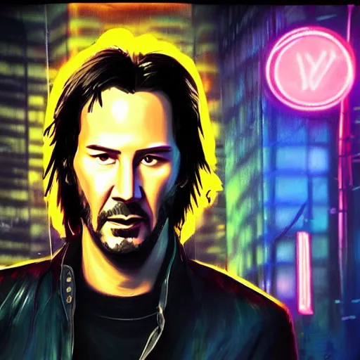 Image similar to portrait of Keanu Reeves on neon street in Cyberpunk city, synthwave, artstation art, night, professional light