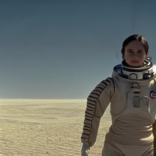 Image similar to katherine waterston wearing a nasa suit in the movie black rain, ultra detailed abandoned buildings under the sand in night arrakis desert, film still from the movie by alejandro jodorowsky with cinematography of christopher doyle, 8 k, unreal engine, art by todd mcfarlane and artgerm and greg rutkowski and alphonse mucha