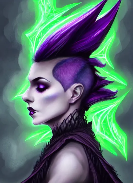 Image similar to side portrait dark queen, witch outfit large cloak, fantasy forest landscape, dragon scales, fantasy magic, undercut hairstyle, short purple black fade hair!!!!!!, dark light night, intricate, elegant, sharp focus, illustration, highly detailed!!!!!!!, digital painting, concept art, green neon smoke, matte painting, art by WLOP and Artgerm and Greg Rutkowski and Alphonse Mucha, masterpiece