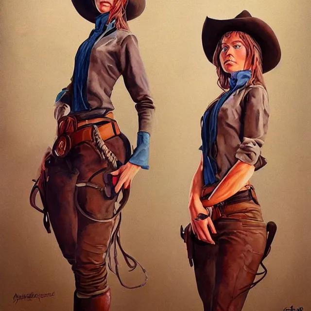 Image similar to a oil / watercolor painting full body character portrait of a cloned cowgirl in the style of moebius in the style of leonard boyarsky trending on artstation deviantart pinterest detailed realistic hd 8 k high resolution