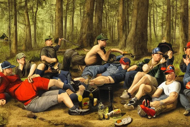 Prompt: mid - thirties guys in baseball caps binge drinking in a forest, in the style of skovgaard