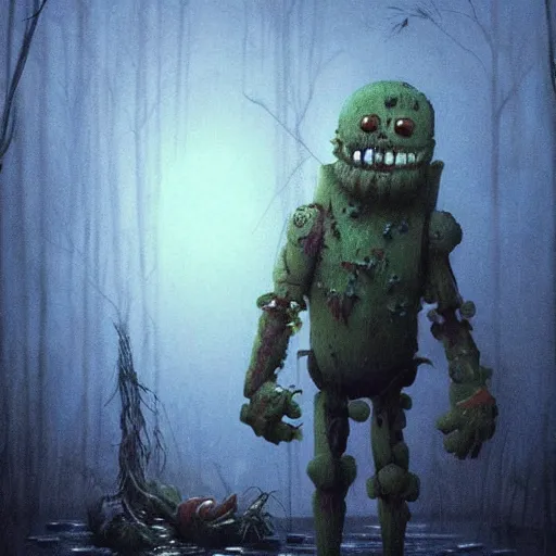 Image similar to creepy ruined abandoned fnaf character, fnaf animatronic rising from the lagoon at night, creepypasta, lamps in the night sky, greg rutkowski, creepy dark beksinski painting, vhs footage