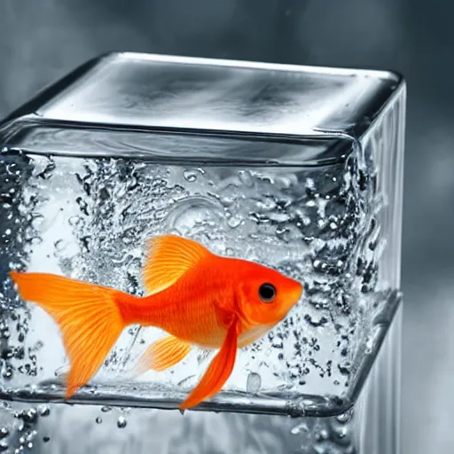 Image similar to a goldfish swimming inside a cube made of water looking at its reflection on the side of the cube