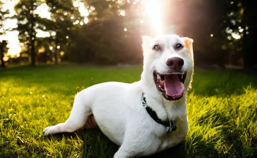 Image similar to portrait of a happy dog, natural light, lens flare