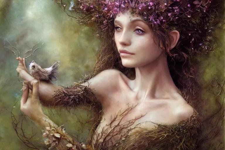 Prompt: dryad musician by brian froud, perfect face, accompanied by a cute feathered mouse, cinematic, stunning, highly detailed, digital painting, artstation, smooth, hard focus, illustration, art by jessica rossier and brian froud