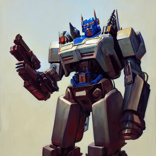 Image similar to greg manchess portrait painting of optimus prime as overwatch character, medium shot, asymmetrical, profile picture, organic painting, sunny day, matte painting, bold shapes, hard edges, street art, trending on artstation, by huang guangjian and gil elvgren and sachin teng