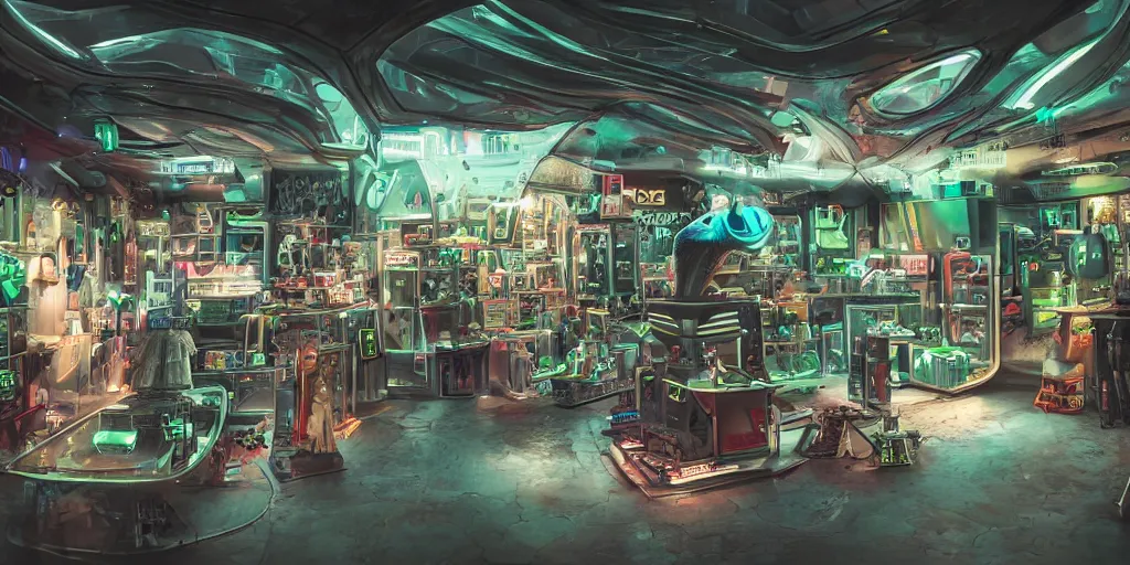 Image similar to a dirty alien shop, futuristic, holographic, 8k, sharp focus, hyper realistic