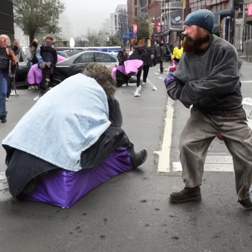 Image similar to homeless man fighting barney