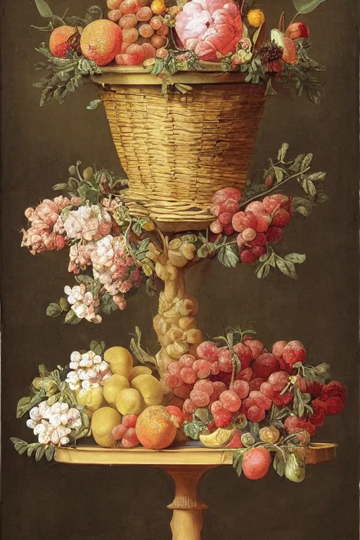 Image similar to a beautiful detailed baroque painting of fruit and flowers in a basket on a fancy tall pedestal, with a window with curtains in the background