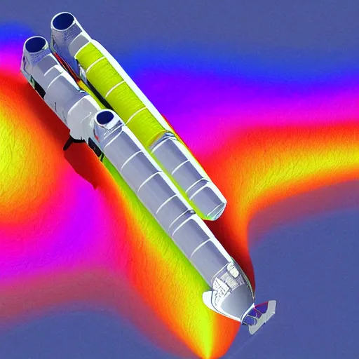 Image similar to a CFD Simulation of a spaceshuttle, Colourful, Multiphase flow