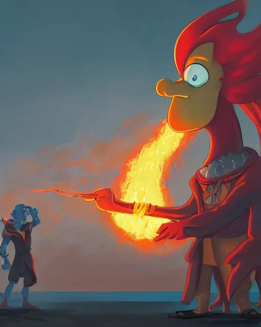 Image similar to wide shot, detailed photorealistic ( ( cartoony ) ) face, squidward, wearing fire nation clothing and practicing firebending outside at susnset, [ greg rutkowski ]