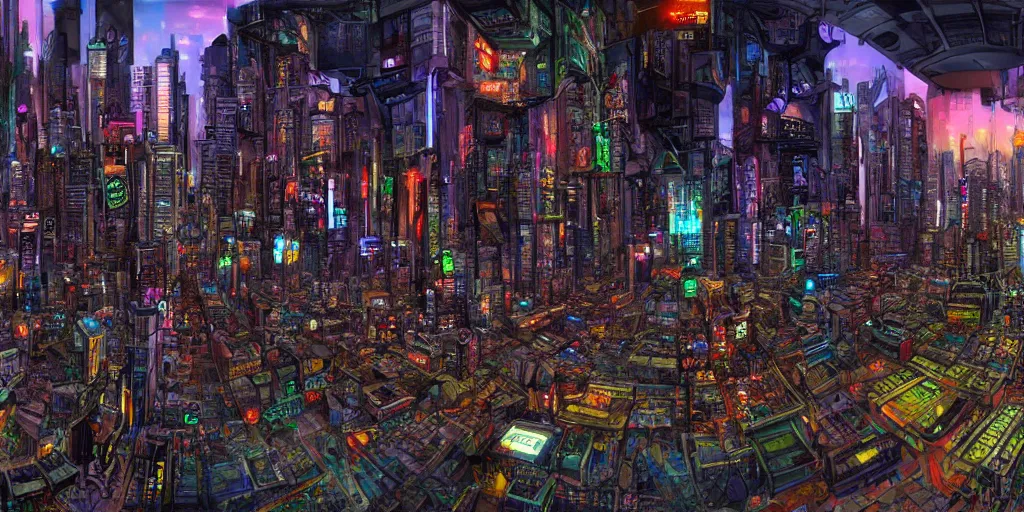 Prompt: streetview equirectangular 360 photo of cyberpunk metropolis, colorful, by Andy Thomas, Mario Martinez, Daniel Mirante, Gustave Dore, Artstation, CGsociety, masterpiece