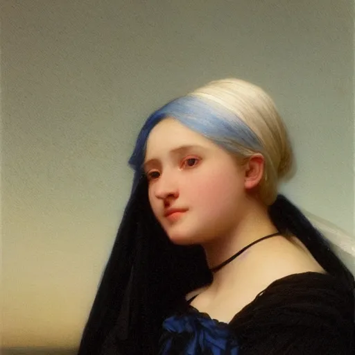 Image similar to a young woman’s face, her hair is white, her eyes are covered with a long flowing blue satin veil, by ivan aivazovsky and and paul delaroche and alma tadema and and willen claesz heda and aelbert cuyp and gerard ter borch, hyperrealistic, rendered in octane