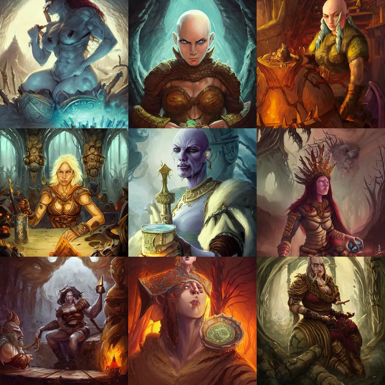 Prompt: 8k highly detailed fantasy illustration by Anato Finnstark of a female strong and fierce goliath character from Dungeons and Dragons, she has pale blue skin!!!, bald shaved head, dressed like a monk, she is seated in a crowded tavern drinking large mugs of mead, she has white eyes!!!, gambling with friends, drinking with friends