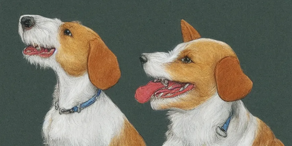 Image similar to jack russel dog looking up and howling with mouth open, highly detailed, side view, illustrated by peggy fortnum and beatrix potter and sir john tenniel