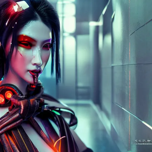 Image similar to cyberpunk geisha, full cyborg body, goddess body cinematic lighting, beautiful face, ultra detail, ultra realistic, photo realistic, octane render,