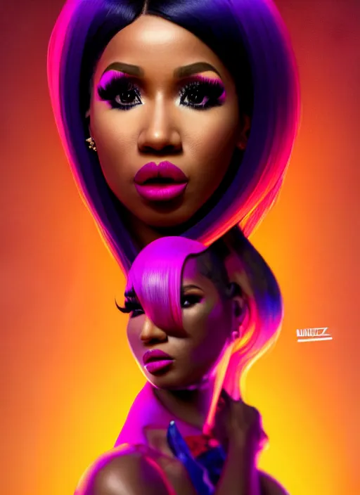 Image similar to nicki minaj is kissing cardi b, evangelion, au naturel, hyper detailed, sharp focus, bokeh, depth of field, digital art, trending in artstation, cinematic lighting, studio quality, smooth render, unreal engine 5 rendered, octane rendered, art style by klimt and nixeu and ian sprigger and wlop and krenz cushart