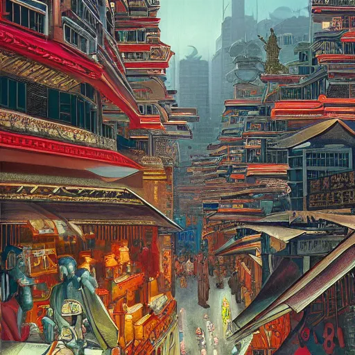 Image similar to art deco streets of the Undying Empire city of ya-Sattra during the Festival of Masks, award-winning realistic painting of cyberpunk Byzantine Hong Kong by Beszinski, Bruegel, and Yoshitaka Amano