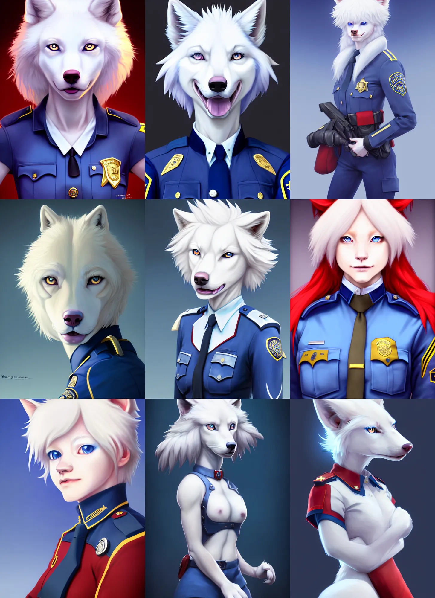 Prompt: beautiful portrait of a female anthropomorphic albino wolf fursona wearing a state trooper uniform. blue eyes. red wig. character design by disney, charlie bowater, ross tran, artgerm, and makoto shinkai, detailed, soft lighting, rendered in octane