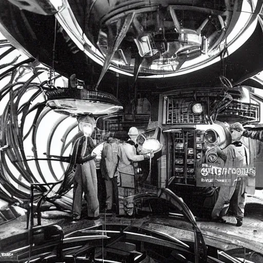 Prompt: scientists discovering an alien spacecraft inside a research center, 1 9 2 0's sci - fi, black and white, 8 k, highly ornate intricate details, extreme detail,