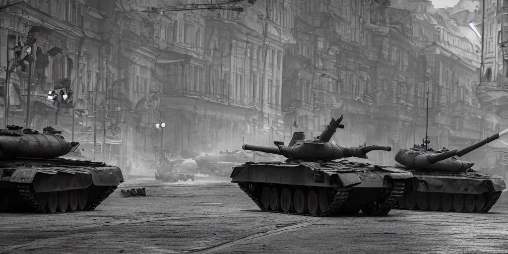 Image similar to russian tanks destroying khreshchatyk street, a center of kyiv, dark, trending on artstation, digital art, fog, sun flare, rain