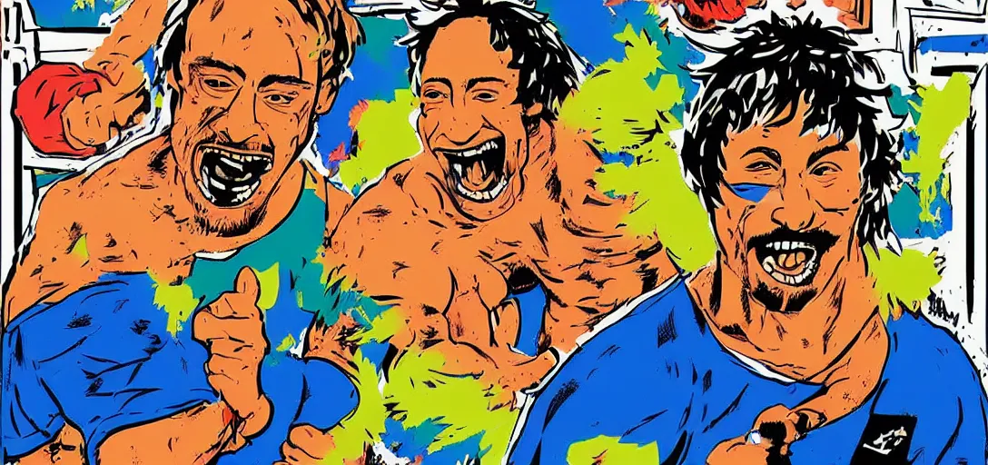 Prompt: Sam Hyde sparring with Joe Rogan, Mike Judge art style, 90's mtv illustration, clean illustration with thick lines, vivid complementary colors