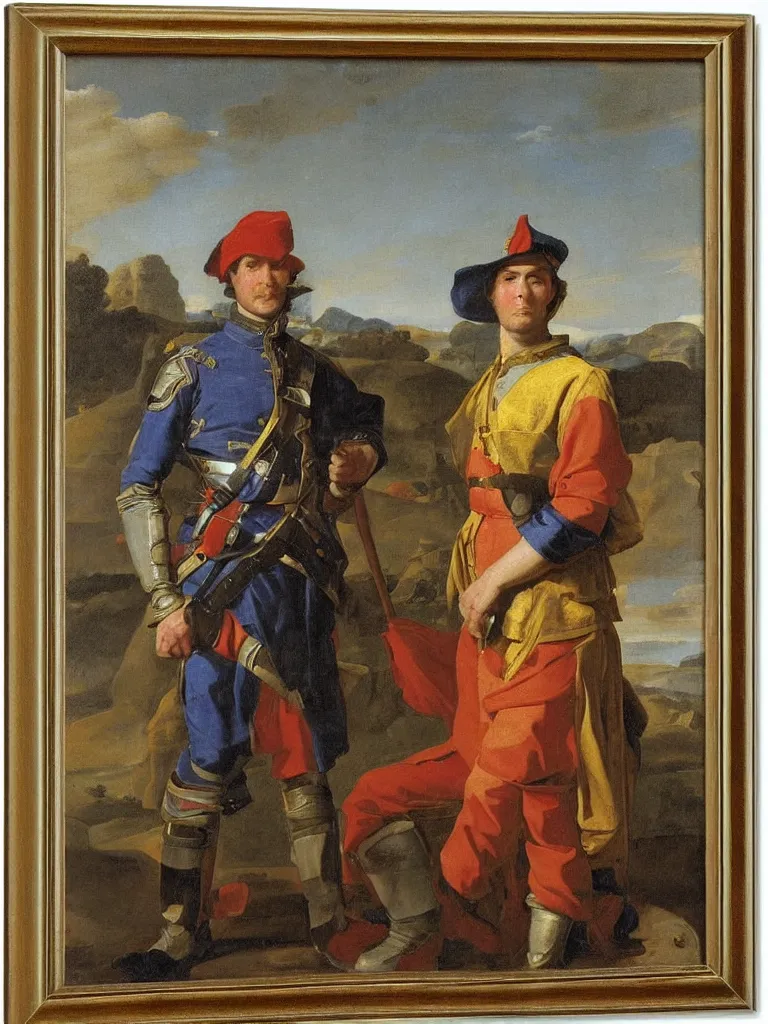 Image similar to portrait of a soldier with the queen, by nicolas poussin