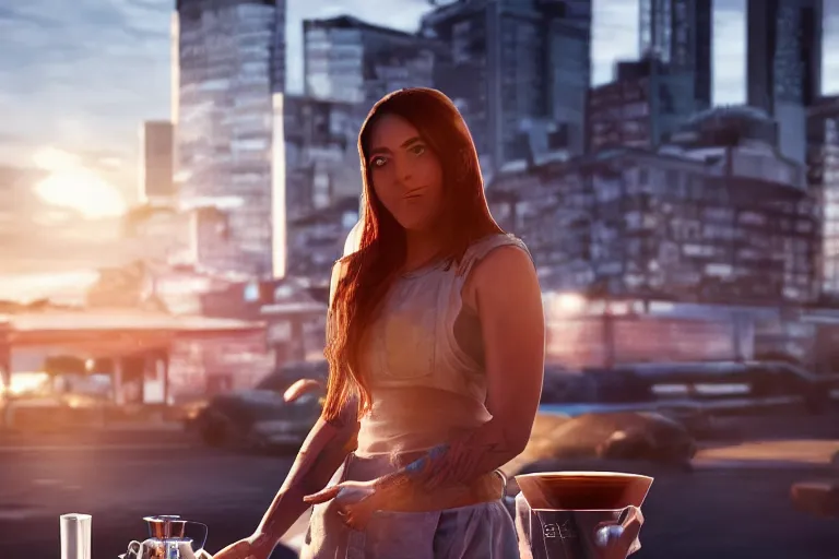 Prompt: hyperrealistic portrait of stunningly beautiful female nordic barista scarlet Johnson , brewing a V60 coffee outdoor, lit by dawn light, busy city on background, trending on artstation,ultrawide angle, f8 , polarizer , unreal engine