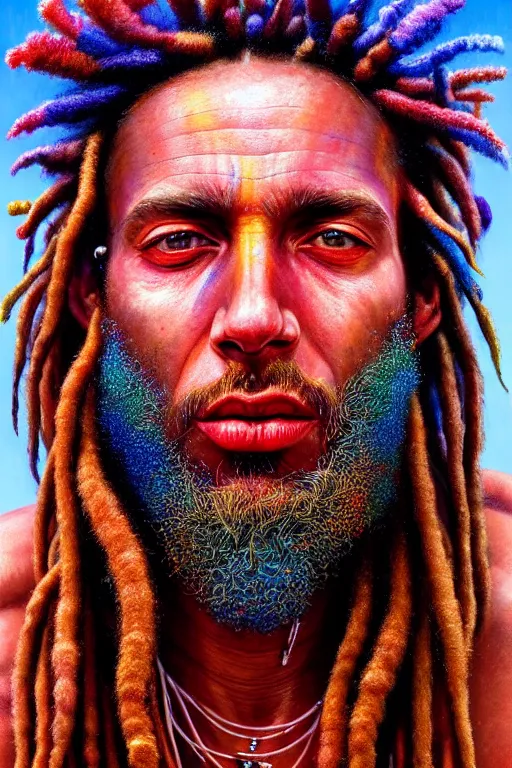 Prompt: hyperrealistic close - up portrait of psychedelic colorful acid neuro - shaman dreadlocks hippy highly detailed concept art eric zener elson peter cinematic hard lighting high angle hd 8 k sharp shallow depth of field, inspired by denis villeneuve and zdzisław beksinski