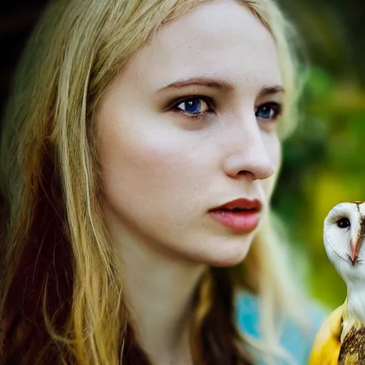 Image similar to portrait photograph of an extremely beautiful!!!! young blonde female with symmetric face. with a very detailed barn owl!!!!! on her shoulder. wearing a yellow kimono!!.. in a tropical greenhouse. petzval lens. shallow depth of field. polaroid featured on flickr, art photography,