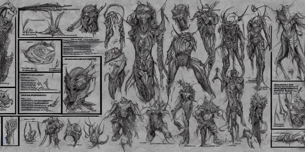 Image similar to highly detailed character sheet, expressive features, technical drawing, side view, human game protagonist designs, side - scrolling 2 d platformer, art by h. r. giger, kim jung gi and burne hogarth