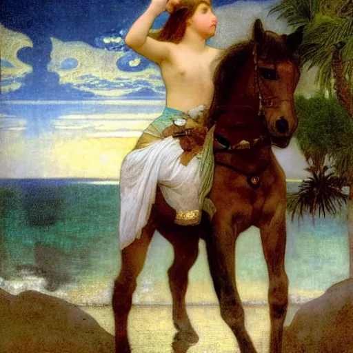 Image similar to Girl riding a horse leaving the castle through the bridge, thunderstorm, beach and palm trees on the background major arcana sky, by paul delaroche, alphonse mucha and arnold böcklin arnold böcklin hyperrealistic 8k, very detailed