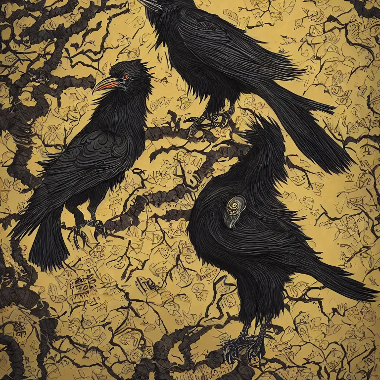 Image similar to black raven bird, james jean style, utagawa kunisada style, vfx art, unreal engine render, claymation style, colourful, volumetric light, digital painting, digital illustration, dramatic light,