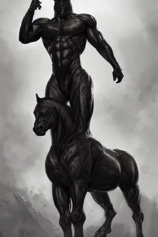 Image similar to an enormously muscular black - coated anthro horse at a research facility wearing skintight body armor, highly detailed, digital painting, artstation, concept art, illustration, art by artgerm, greg rutkowski, wlop