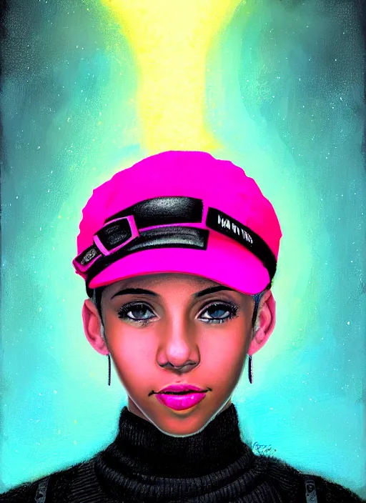 Image similar to portrait of teenage vanessa morgan with bright pink hair, black girl, curly pixie cut hair, wearing newsboy cap, pink short haircut, newsboy cap, hoop earrings, blue eyes, intricate, elegant, glowing lights, highly detailed, digital painting, artstation, concept art, smooth, sharp focus, illustration, art by wlop, mars ravelo and greg rutkowski