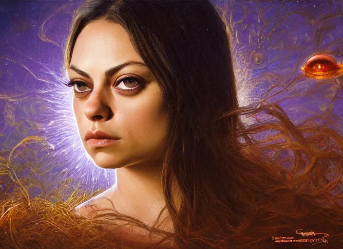 Image similar to big-eyed surprised Mila Kunis staring intensely into the camera, sundown golden hour firefly wisps, Lilia Alvarado, Sophie Anderson, Mark Arian, Bob Byerley, Charlie Bowater, Mark Brooks, Steve Henderson, Justin Gerard, Arthur Hughes, Edward Robert Hughes, Mark Keathley, Victor Nizovtsev, Carlos Shwabe, Ross Tran, WLOP