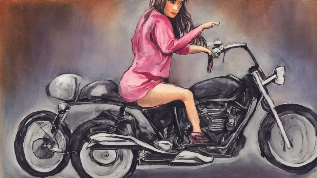 Prompt: girl on a motorcycle in the style of Zoe Mozert