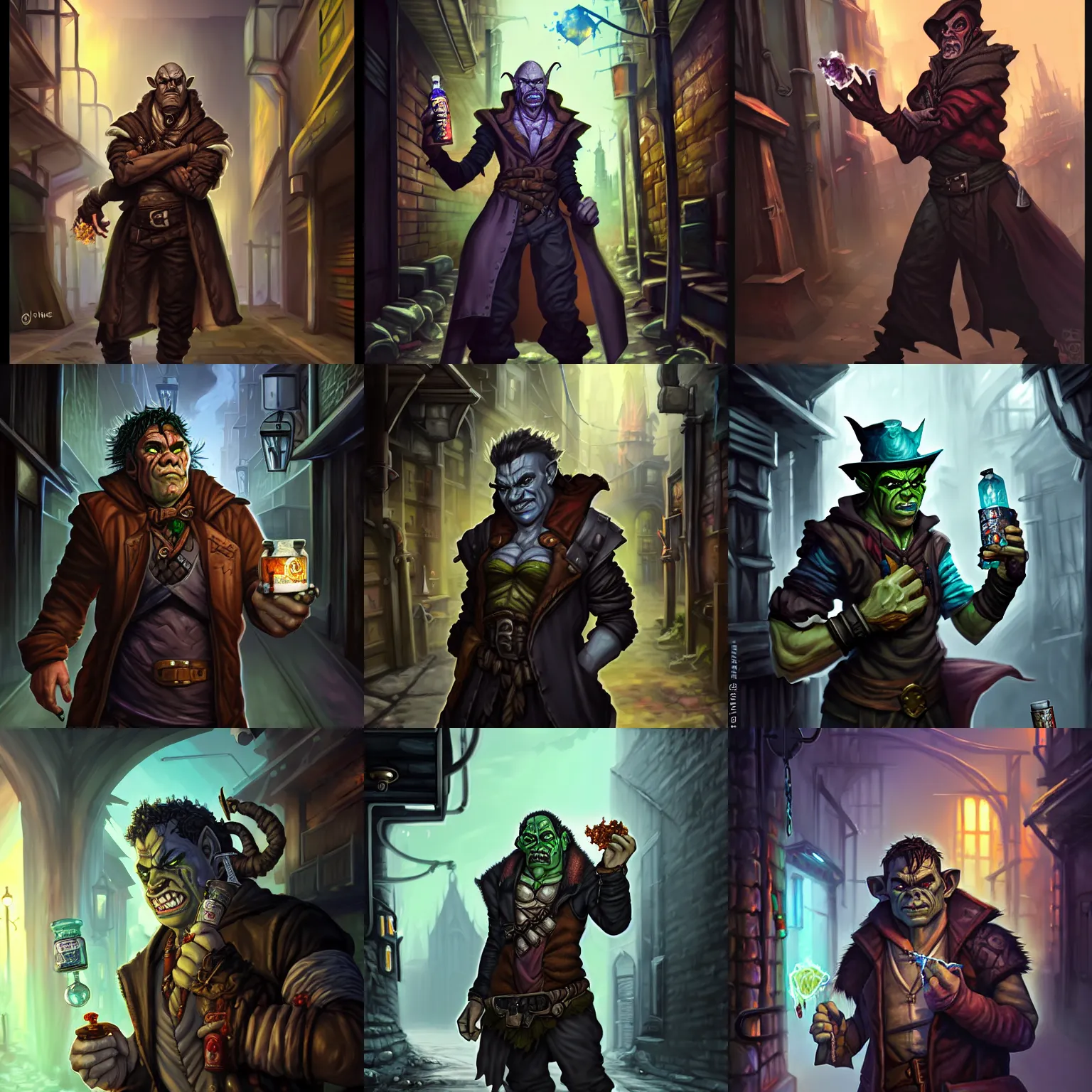 Prompt: half - orc alchemist holding smoking vials standing in grimy city alleyway artist johannes voss, magic the gathering, fantasy, detailed portrait