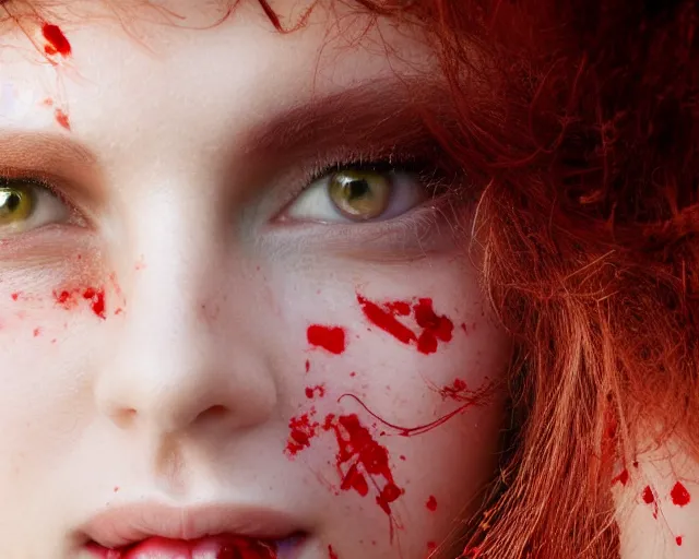 Prompt: award winning 5 5 mm close up face portrait photo of an anesthetic and beautiful redhead woman who looks directly at the camera with blood - red wavy hair, intricate eyes that look like gems, and long fangs, in a park by luis royo. rule of thirds.