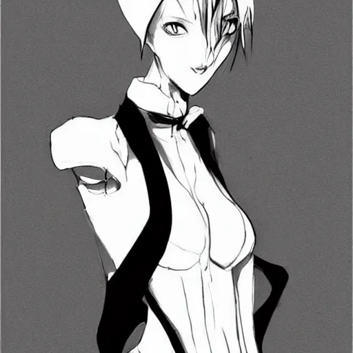 Image similar to slim beautiful killer girl in tuxedo with short black hair, elegant, 2d, ultra highly detailed, digital painting, smooth, sharp focus, artstation, black and white art by Tsutomu Nihei