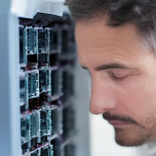 Prompt: watercolor portrait. a man trying to troubleshoot a computer. low dof