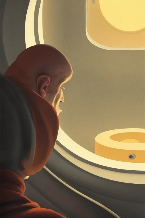 Image similar to portrait of a monk in a spaceship, looking out of a round window, orange robe, dramatic lighting, artstation, matte painting, ralph mcquarrie