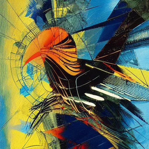 Image similar to the progressive rasterization of a bird, from a mechanical one into a pixel one, golden - blue oil on canvas by dave mckean and yoji shinkawa and roberto matta