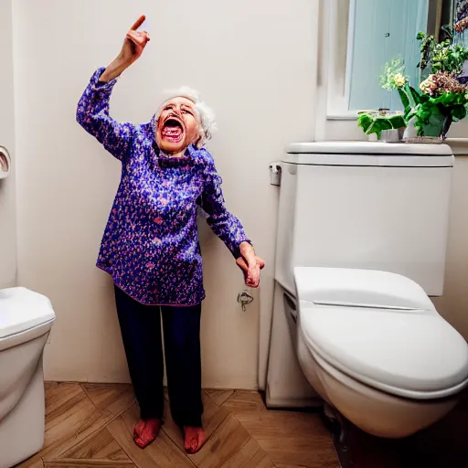 Prompt: elderly woman screaming on a toilet, canon eos r 3, f / 1. 4, iso 2 0 0, 1 / 1 6 0 s, 8 k, raw, unedited, symmetrical balance, wide angle