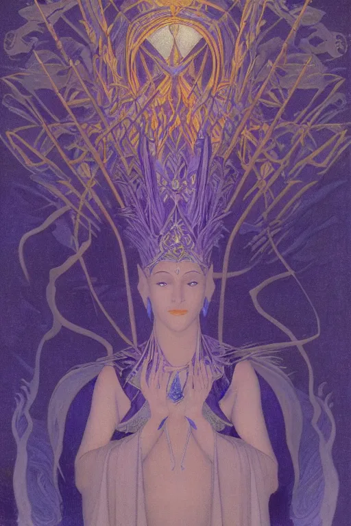 Prompt: lost queen of the night river with her scepter, by Nicholas Roerich and jean delville and Maxfield Parrish, dramatic cinematic lighting , ornate headdress , lost civilizations, extremely detailed