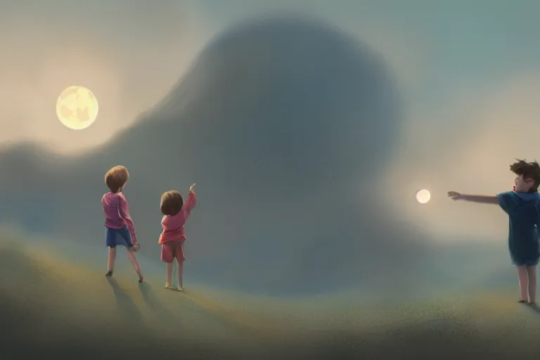 Image similar to a cute little boy and a girl wave their hands, dreamy matte painting, night time, volumetric lighting, smooth, trending on artstation, moonlit backdrop