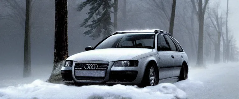 Image similar to Audi A4 B6 Avant (2002), a gritty neo-noir, dramatic lighting, cinematic, eerie person silhouette, death, homicide, homicide in the snow, gunshots, establishing shot, extremely high detail, photorealistic, cinematic lighting, artstation, by simon stalenhag, Max Payne (PC) (2001) winter new york at night, Max Payne 2 graphic novel style, flashing lights, Poets of the Fall - Late Goodbye