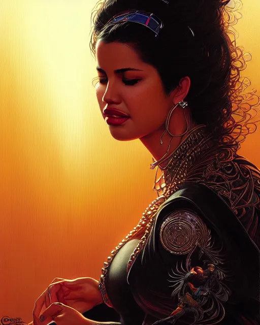 Image similar to selena quintanilla perez,, portrait, close up, concept art, intricate details, highly detailed by greg rutkowski, michael whelan and gustave dore