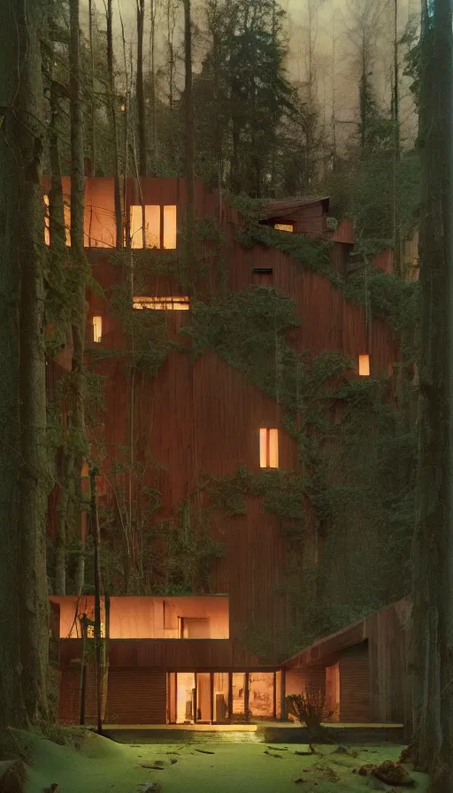 Image similar to cozy ultra modern home in the woods moody lighting, highly detailed, painting by zdzisław beksinski and norman rockwell and greg rutkowskiweta studio, and lucasfilm