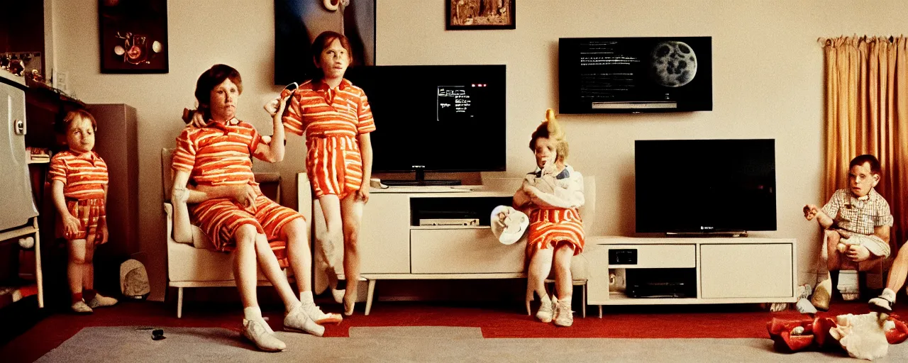 Image similar to a tv showing the moon landing while a family eats spaghetti, in the style of diane arbus, canon 5 0 mm, wes anderson film, kodachrome, retro